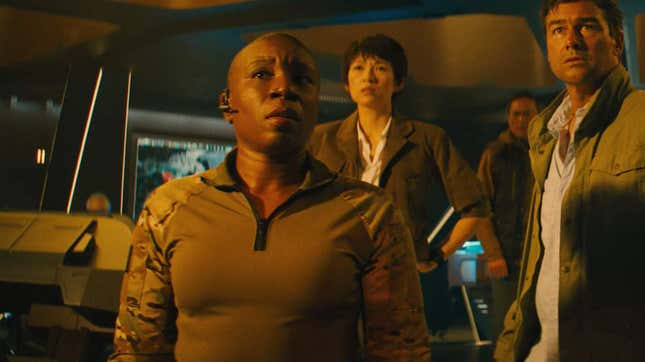 Aisha Hinds, left, Ziyi Zhang, Ken Watanabe and Kyle Chandler in Godzilla: King of the Monsters