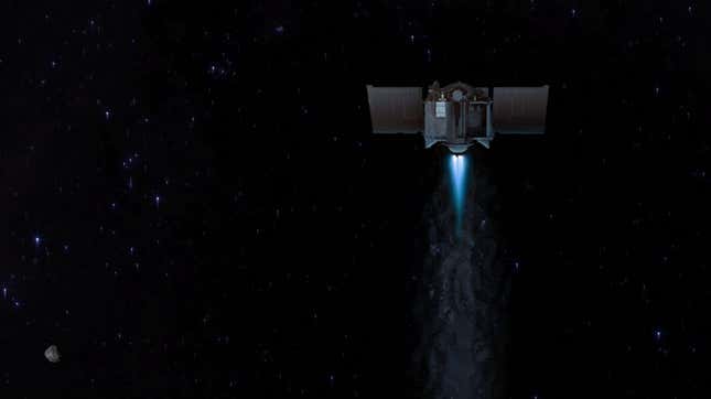 Artist’s conception of the OSIRIS-REx spacecraft leaving Bennu (visible at bottom left).