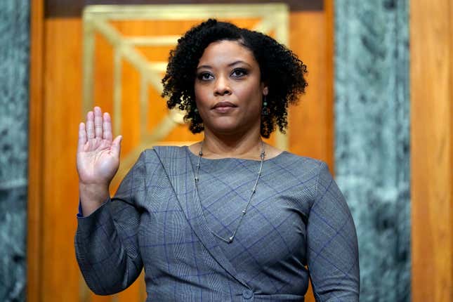 Shalanda Young is sworn in prior to testifying before a Senate Budget Committee hearing to examine her nomination to be Deputy Director of the Office of Management and Budget on Capitol Hill in Washington, Tuesday, March 2, 2021. 