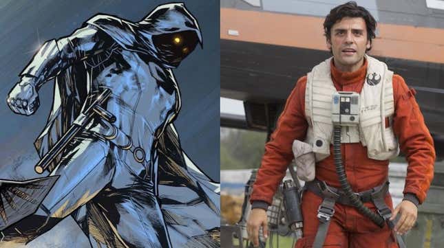 A la izquierda: Moon Knight en los cómics. A la derecha: Oscar Isaac como Poe Dameron en Star Wars: The Force Awakens.