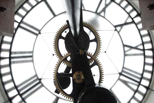 Details of the clock mechanism is seen inside the clock tower during the media preview of the Victoria Theatre and Concert Hall on July 17, 2014 in Singapore.