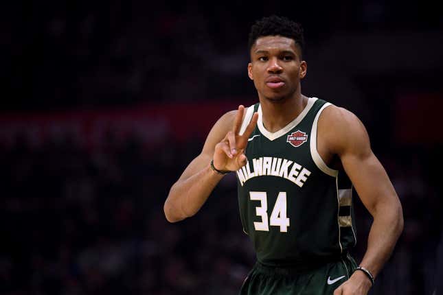 Giannis Antetokounmpo #34 of the Milwaukee Bucks reacts as he watches play from half court during a 129-124 Bucks win over the LA Clippers at Staples Center on November 06, 2019 in Los Angeles, California.