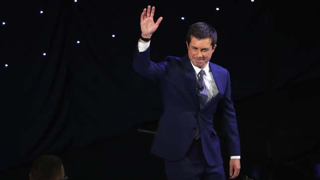 Mayor Pete Buttigieg takes the stage at the beginning of the Democratic Presidential Debate in July.