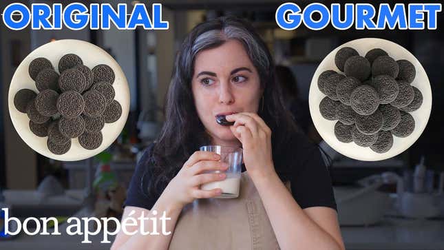 An image of a chef in a kitchen biting into an Oreo while holding a glass of milk. Two images of plates filled with Oreos are on either side of her head. The text reads "Original gourmet" and in the lower left side, "bon appetit."