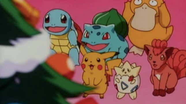 Squirtle, Bulbasaur, Psyduck, Vulpix, Togepi, and Pikachu marveling at a Christmas tree.