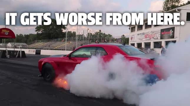 Image for article titled Dodge Demon Burns At Race Track Because Everyone&#39;s A Dick