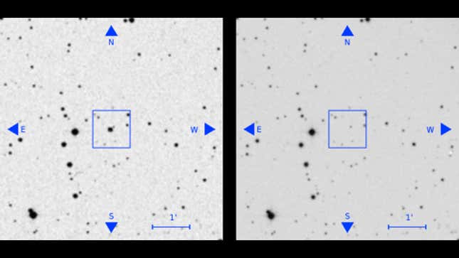 A celestial object appears in an old telescopic plate (left) but is strangely missing in a later plate (right).