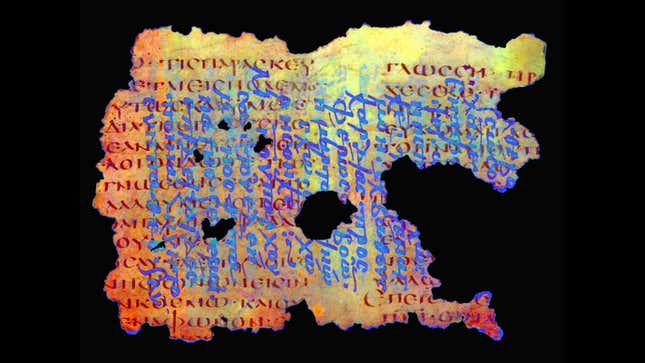 A multispectral image of a mid-5th century CE document representing 1 Corinthians. Erased text appears in red. See natural-color image below for comparison.