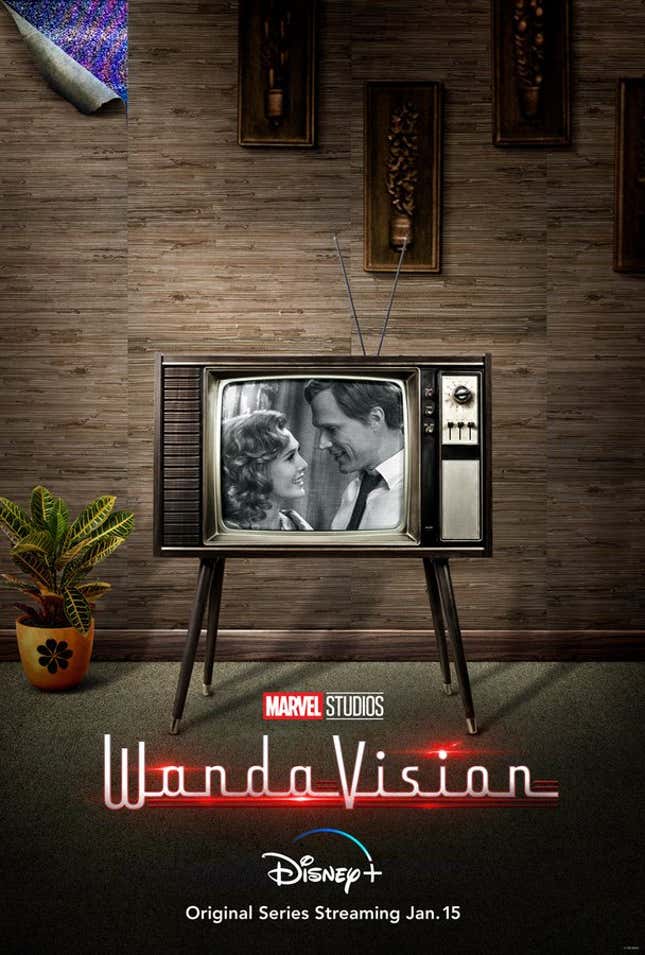 A black and white Wanda and Vision gazing at one another adoringly.