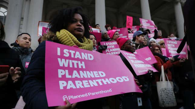 Activists demonstrate in New York Feb. 25, 2019, against the Trump administration’s Title X rule change that would force medical providers receiving federal assistance to refuse to promote, refer for, perform or support abortion as a method of family planning. 