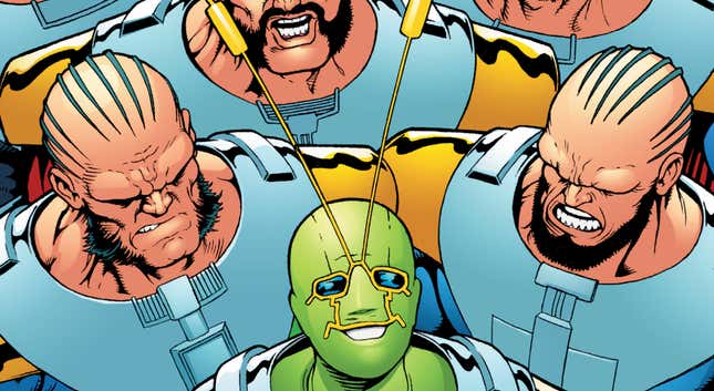 A crowd of Monitors aren’t at all happy to see Ambush Bug on the cover of Ambush Bug: Year None #5.