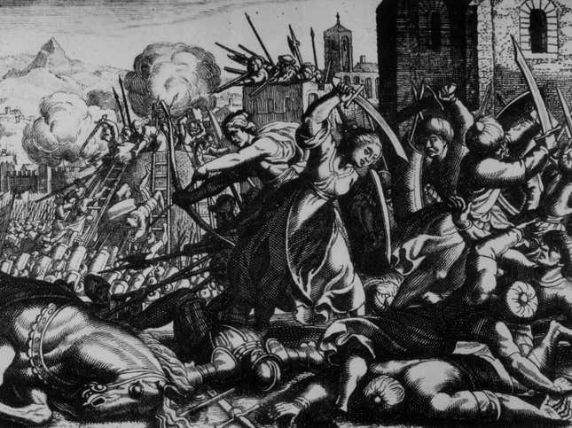 Circa 1551, Hungarian women defending their town against the Turks.