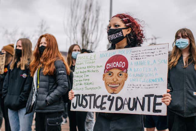 Students from Roosevelt high school participate in a statewide walkout on April 19, 2021 in Minneapolis, Minn. 