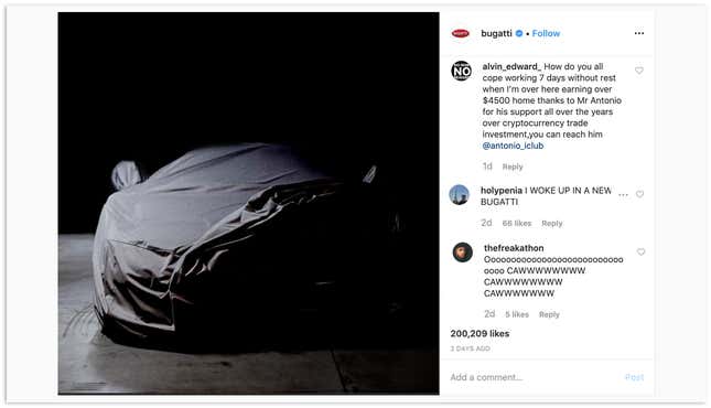 Image for article titled I Am Utterly Fascinated By Bugatti&#39;s Instagram Comments