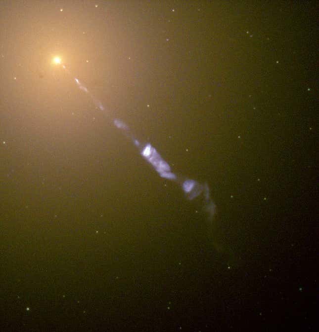 The galaxy M87 and its jet of matter.