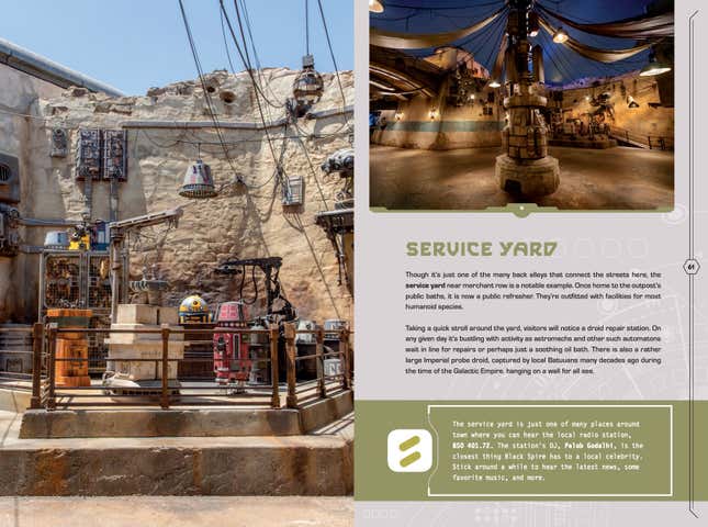 Two sample pages from the book that includes a fun tidbit about “local celebrity” DJ Palob Godalhi. Which, not coincidentally, is an anagram for Lucasfilm Story Group member Pablo Hidalgo, who voices the radio station playing in this section of the area.