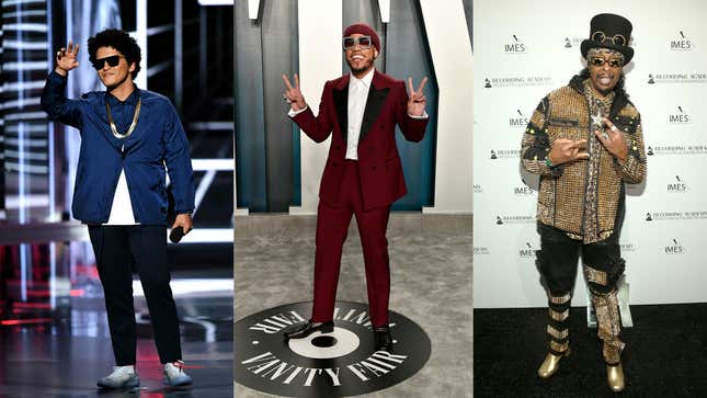 Bruno Mars speaks onstage during the 2018 Billboard Music Awards on May 20, 2018; Anderson .Paak attends the 2020 Vanity Fair Oscar Party on February 09, 2020; Bootsy Collins attends the Producers &amp; Engineers Wing 13th annual GRAMMY week event honoring Dr. Dre on January 22, 2020.