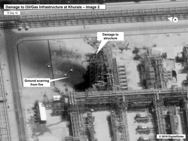 This image provided on Sunday, Sept. 15, 2019, shows damage to the infrastructure at Saudi Aramco’s Kuirais oil field in Buqyaq, Saudi Arabia.