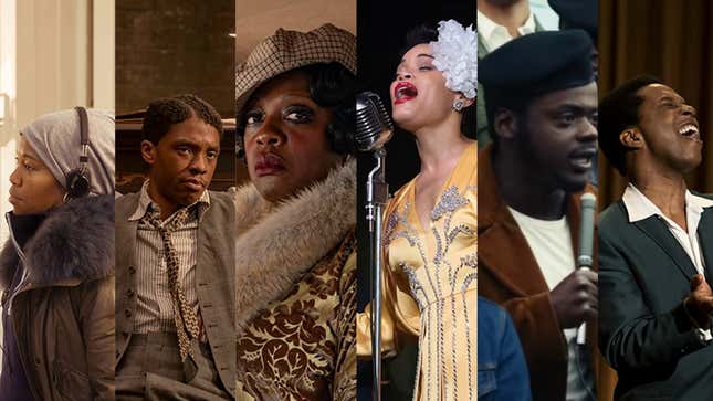 Regina King, left, on set of One Night In Miami; Chadwick Boseman in Ma Rainey’s Black Bottom; Viola Davis in Ma Rainey’s Black Bottom; Andra Day in The United States Vs. Billie Holiday; Daniel Kaluuya in Judas and the Black Messiah; Leslie Odom, Jr. in One Night In Miami.