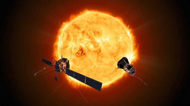 Artist’s concept of the Solar Orbiter (left) and the Parker Solar Probe (right). In this image, I like to imagine that the Parker Solar Probe, previously alone in deep space, is now forced to contemplate its own existence for the first time upon seeing another probe. “Hell is other solar probes,” it might conclude.