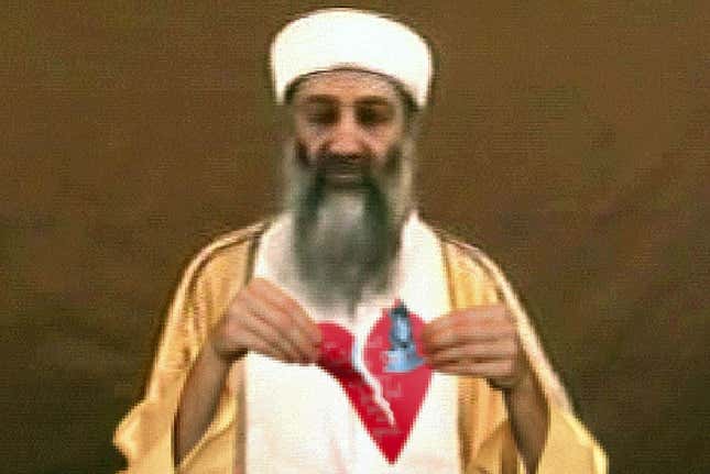 Bin Laden tears up a "putrid Western Valentine's Day trifle" during his videotaped message.