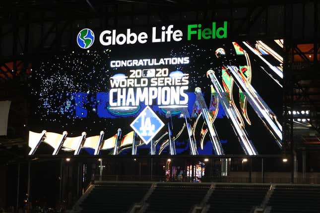 The scoreboard displays a Congratulations message to the Los Angeles Dodgers after defeating the Tampa Bay Rays 3-1 in Game Six to win the 2020 MLB World Series at Globe Life Field on October 27, 2020 in Arlington, Texas.