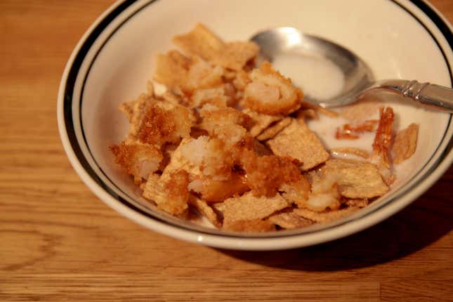 cinnamon toast crunch with fried shrimp and tails on top