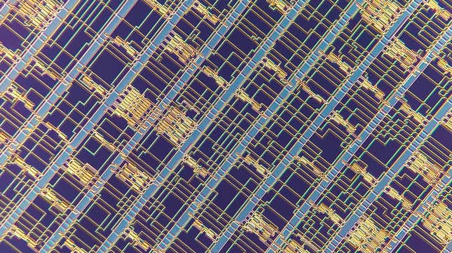 A close-up view of a microprocessor with carbon nanotube transistors.