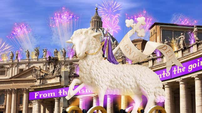 Image for article titled Pope Francis Rides Into St. Peter’s Square On Giant Glowing Lamb For Easter Mass