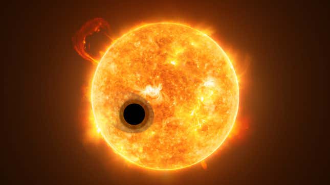 Artist’s impression of WASP-107b as it passes in front of its host star. 