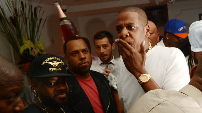 Producer Jermaine Dupri, producer No I.D., and rapper Jay-Z attend Moet Rose Lounge Presents Nas’ Life Is Good on July 16, 2012 in New York City. 