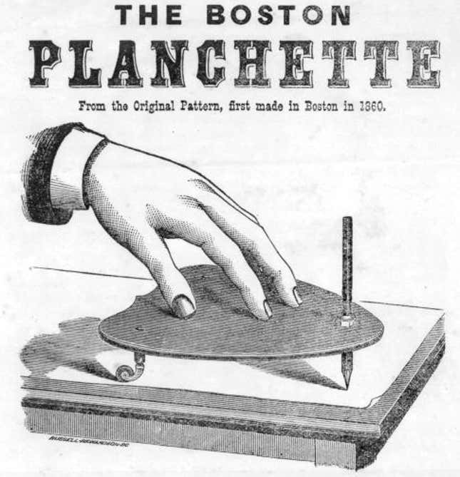 An advert for The Boston Planchette, with a hand resting on a planchette, to move a pencil.