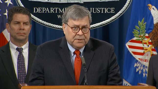 U.S. Attorney General and Trump loyalist William Barr at a press conference on February 10, 2020