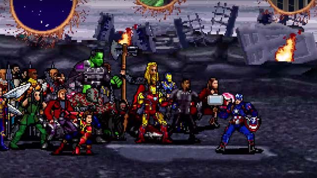 Imagen para el artículo titulado La batalla final de Avengers: Endgame al completo en una gloriosa recreación de 16 bits