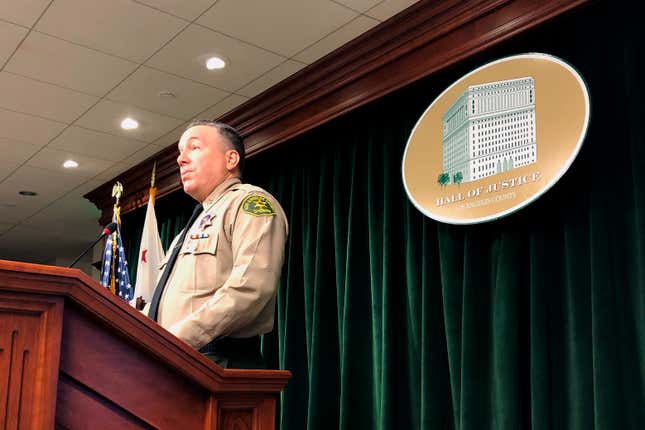 Los Angeles County Sheriff Alex Villanueva speaks at a news conference at the Hall of Justice in Los Angeles, Monday, March 16, 2020.
