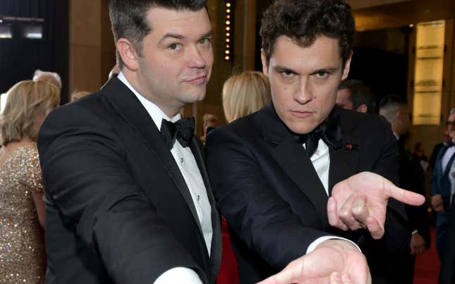 Chris Miller and Phil Lord do their best Spider-Man pose at this year’s Oscars.