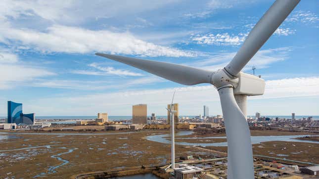 Wind turbines spin to generate electrical power in Atlantic City, New Jersey.