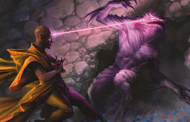 A suitably ticked-off Wizard zaps a troglodyte with Mind Sliver, one of several psionic spells featured in the book.