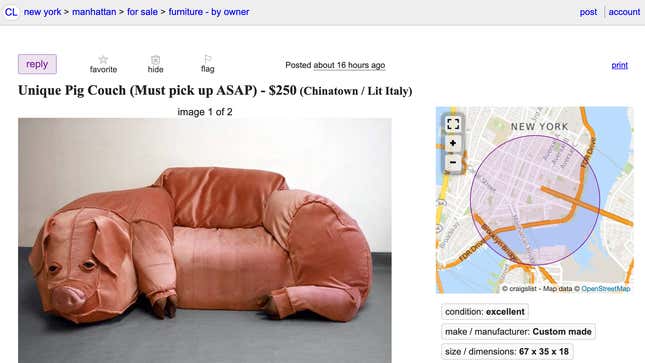 Image for article titled The Saga of the Craigslist Pig Couch: Its Creator Explains