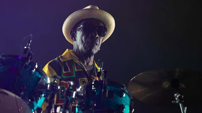 Drummer Tony Allen performs live with Dj and producer Jeff Mills during the event called ‘AFRICA NOW @OGR’ on September 22, 2018 in Turin, Italy.