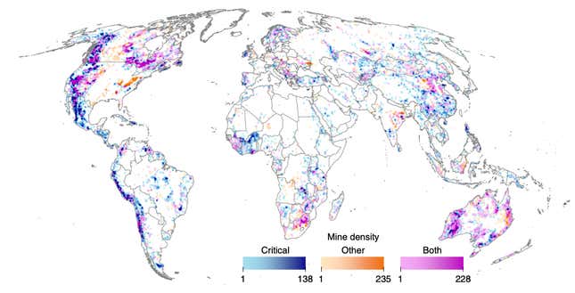 The authors’ map of global mining areas and their density.