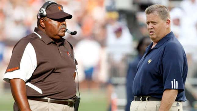 Image for article titled Romeo Crennel To Charlie Weis: &#39;I Need You To Come Over Right Now And Stop Me From Eating These Five Chocolate Wedding Cakes&#39;