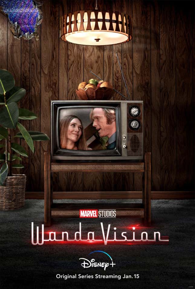 A now colorized Wanda and Vision being featured on a television screen in the middle of a living room that seems plucked from the ‘70s.