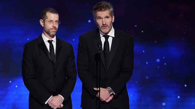 From left: D. B. Weiss and David Benioff present the Britannia Award for British Artist of the Year. 