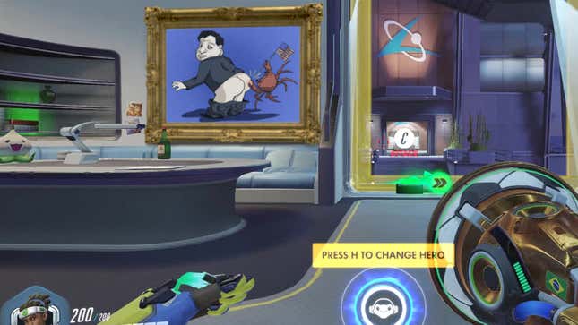 Image for article titled Making Amends: Blizzard Added A Drawing Of Xi Jinping Getting Pinched On The Ass By A Crab To All Spawn Rooms On Overwatch’s Lijiang Tower Map