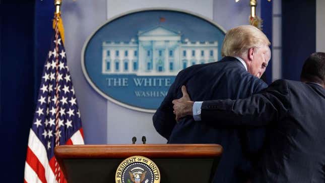 At the first sign of a dangerous question, agents from the Secret Service’s new Emotional Protection Division swiftly remove President Trump from the potentially ego-threatening situation.