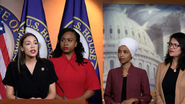 U.S. Rep. Alexandria Ocasio-Cortez (D-N.Y.) speaks as Reps. Ayanna Pressley (D-Mass.), Ilhan Omar (D-Minn.), and Rashida Tlaib (D-Mich.) listen during a press conference at the Capitol, July 15, 2019. 
