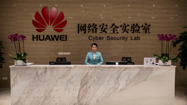 Huawei’s reception desk at the company’s Cyber Security Lab on April 25, 2019 in Dongguan, near Shenzhen, China