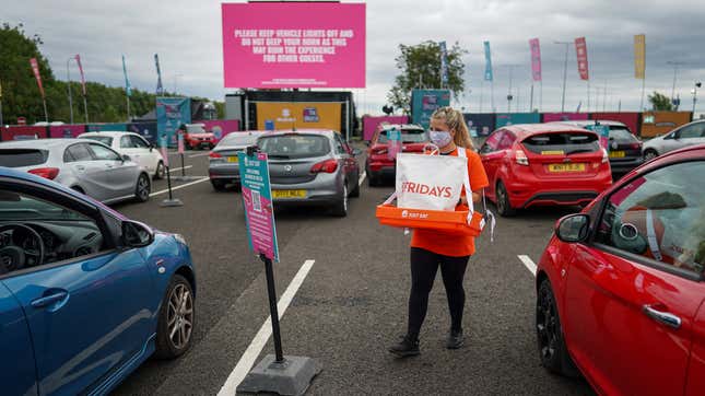 Moviegoers ordered food delivered to their vehicles at a showing of Jaws on Aug. 5 in Newcastle upon Tyne, England.