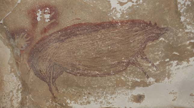 The painting of a warty pig at the Leang Tedongnge cave site in Indonesia. 